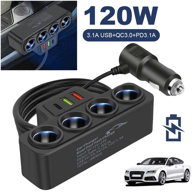 QC3.0+PD 3.1A Car USB Charger 12V-24V 4-Socket Car Cigarette Lighter Splitter 120W Phone Power Adapter USB Phone Charger Adapter