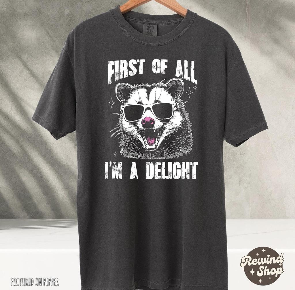 Vintage First Of All I'm A Delight T Shirt, Retro Funny opossum Shirt, Vintage graphic Tshirt, Aesthetic Shirt, Raccoon Tee