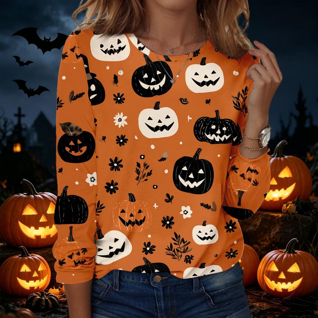 Women's Halloween Print Pullover Sweatshirt Long Sleeve Crew Neck Casual Top Lightweight Soft Fabric Comfortable Fit