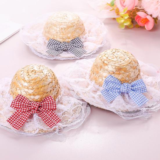 Cat Straw Hat Lace Ruffle Cute Bow Cat Sun Hat Elastic Strap Adjustable Retro Sun Hat for Cats Small Dogs Sun Protection Photo Prop