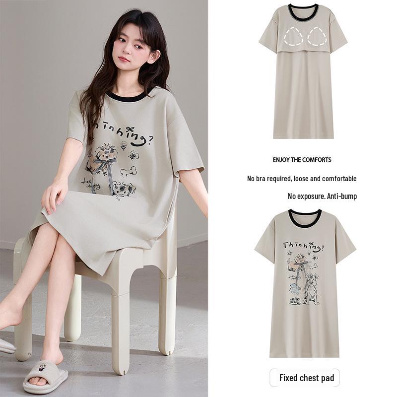 Antibacterial Xinjiang Cotton Nightgown: Women's A-grade Pure Cotton, Chest Pads, Summer Plus Size, Cute Homewear Dress