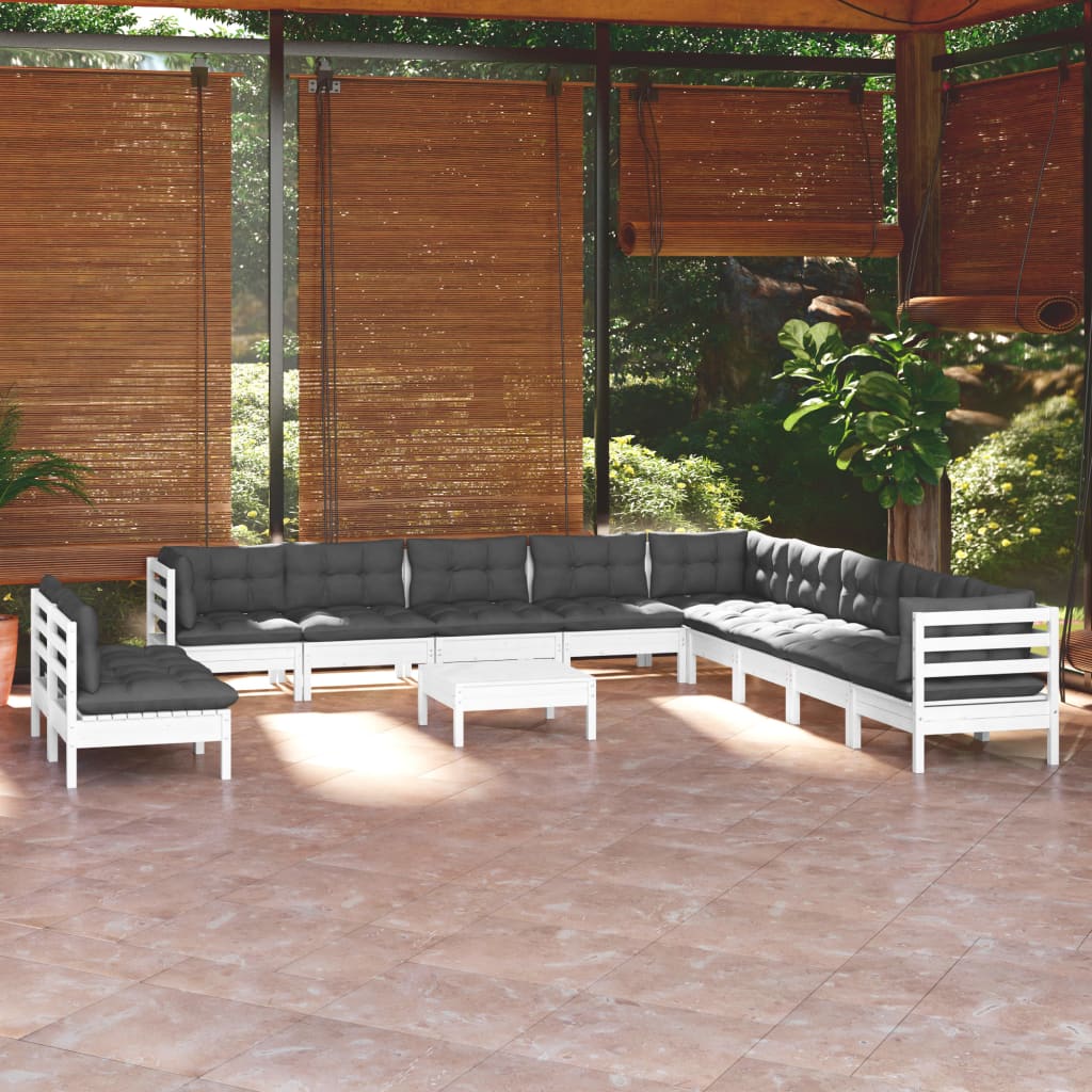 12 piece Garden Lounge Set with Cushions White Solid Pine Wood