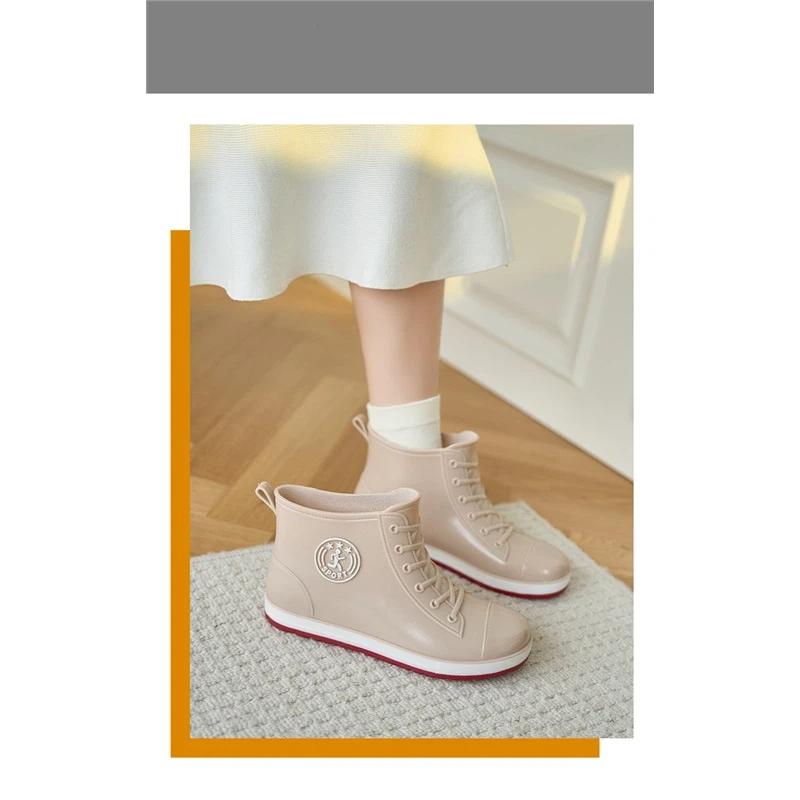 Women Ankle Rain Boots Lace Up Canvas Style Waterproof PVC Rubber Wellies Non Slip Casual Short Rain Shoes