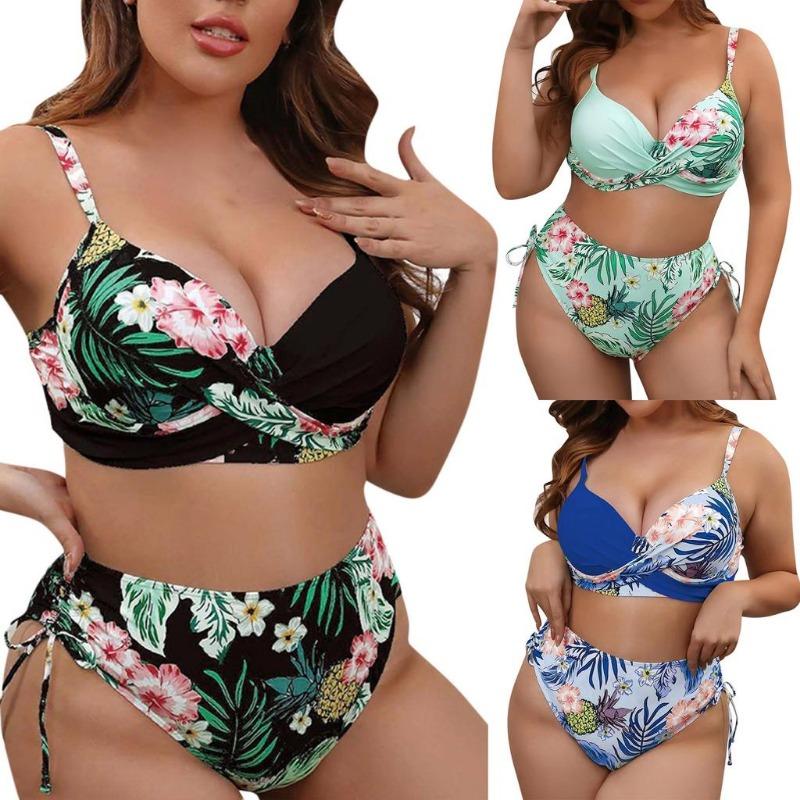 Bikini a vita alta smerlato taglie forti per donna, costume da bagno floreale sexy con scollo a V, due pezzi, costume da bagno da spiaggia