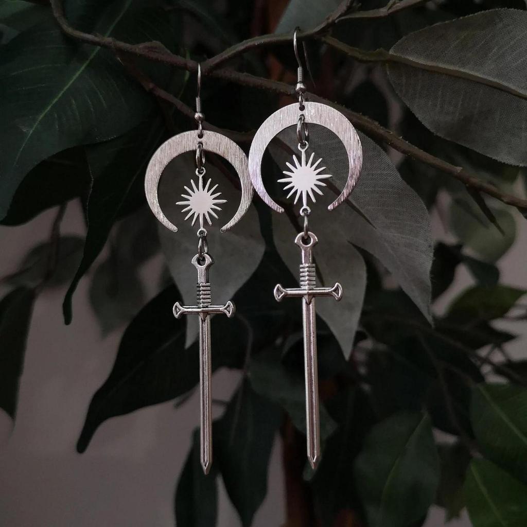 Gothic Personality Sliver Color Crescent Moon Sun Long Sword Pendant Dangle Earrings for Women Halloween Party Witch Jewelry