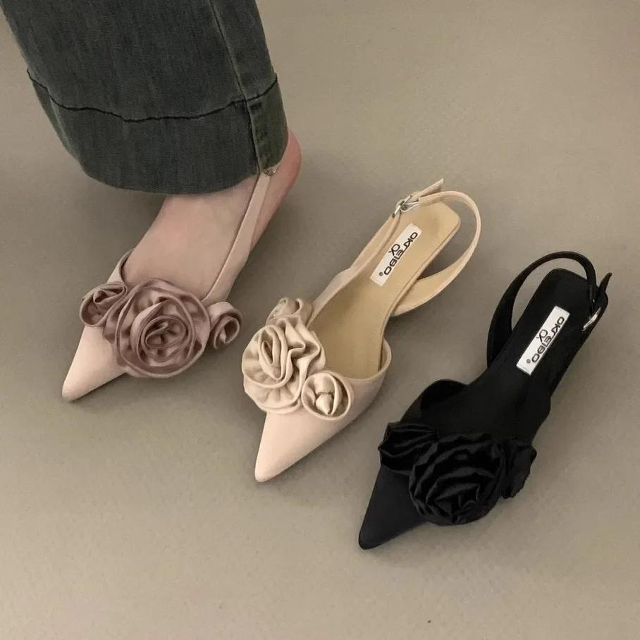 Fashion Elegant Woman Sandals High Heeled Sweet Rose Closed Toe Footwear 2024 Summer Slingback Pointed Fashion Dress Ladies Shoes