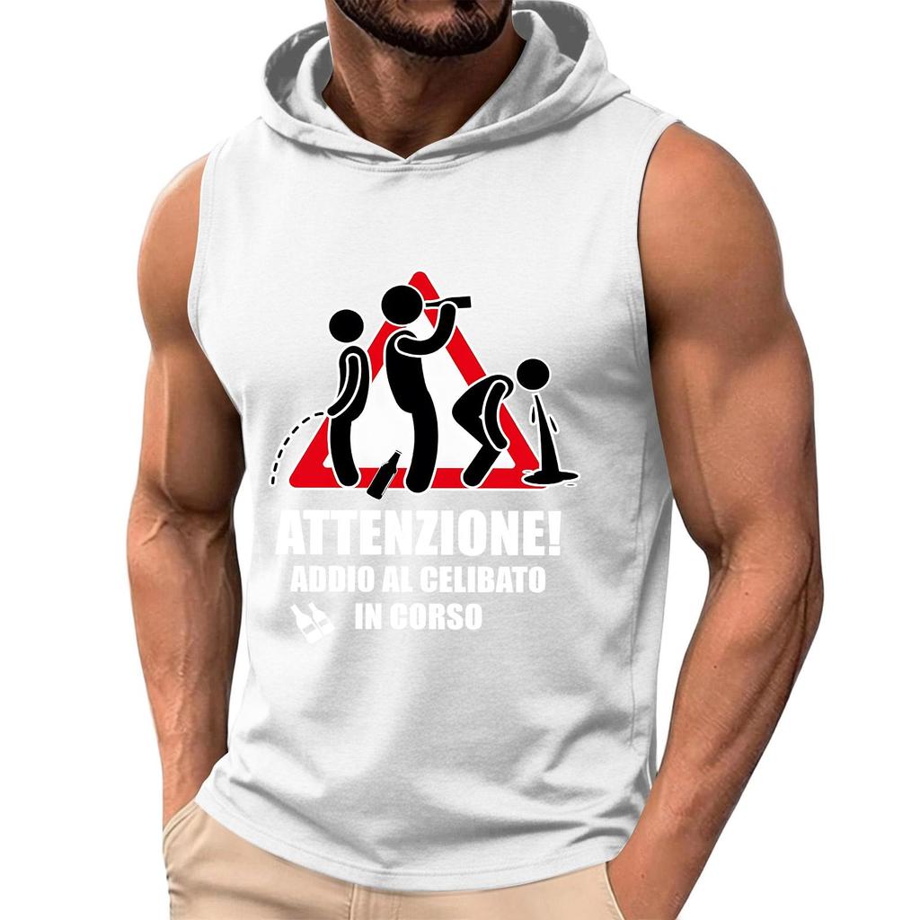 Men's Sleeveless Hoodie Casual Loose Fit Graphic Print Warning Bachelor Party T-Shirt Top for Leisure and Everyday Wear