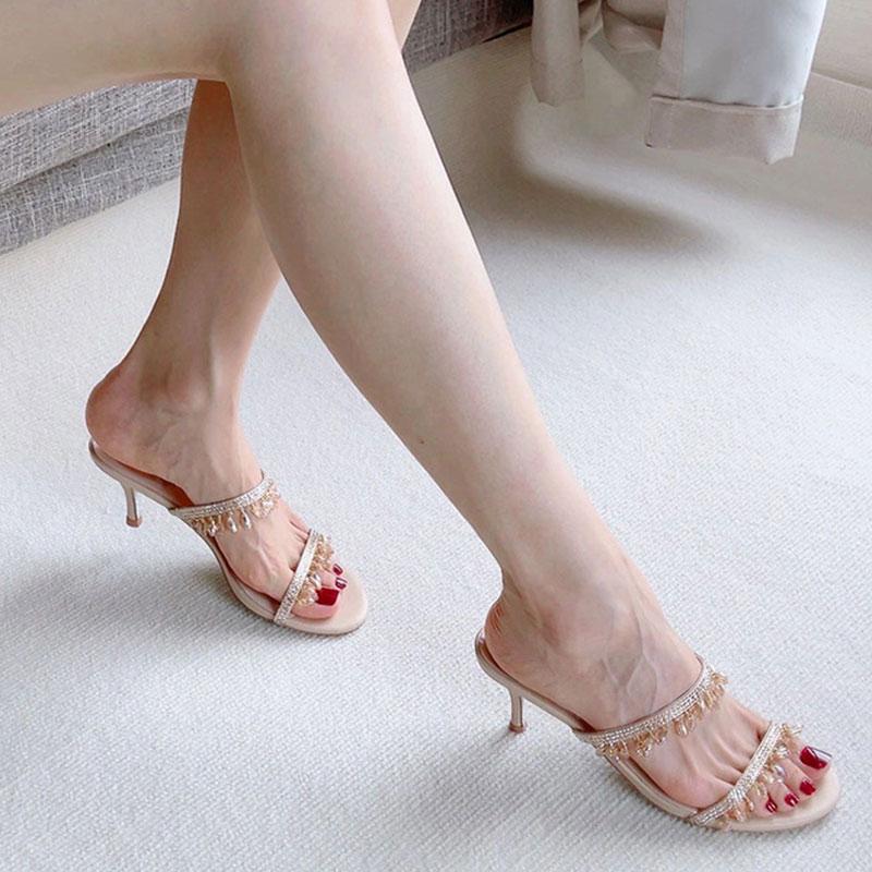 2025 Summer New Water Diamond Sexy High Heels Slim Sandals with Thin Heels High-heeled Stiletto Women's Mule