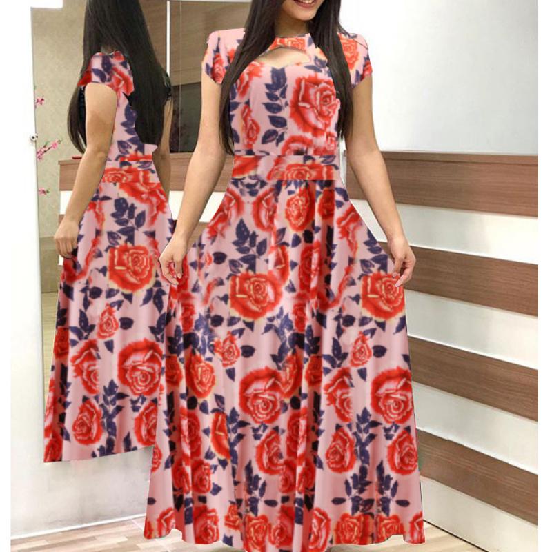 GMXIA Böhmisches Kleid mit Blumenmuster, kurzen Ärmeln, für Damen, Herbst/Winter, lange Kleider, Rundhalsausschnitt, großer Schwung