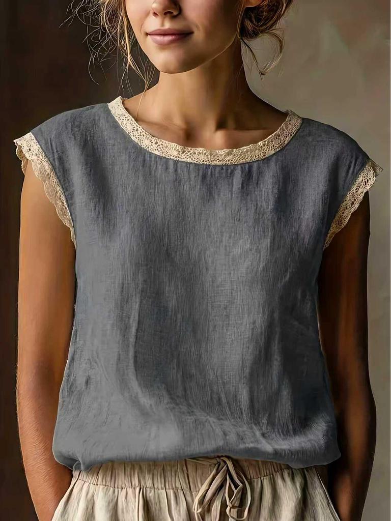 2026 New Women's Retro Loose Sleeveless Linen Shirt with Lace Patchwork