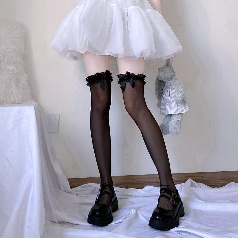 White Stockings Knee Socks Summer Thin Long Black Silk Sexy Bow Lace Ultra-Thin Thigh Socks Explosion