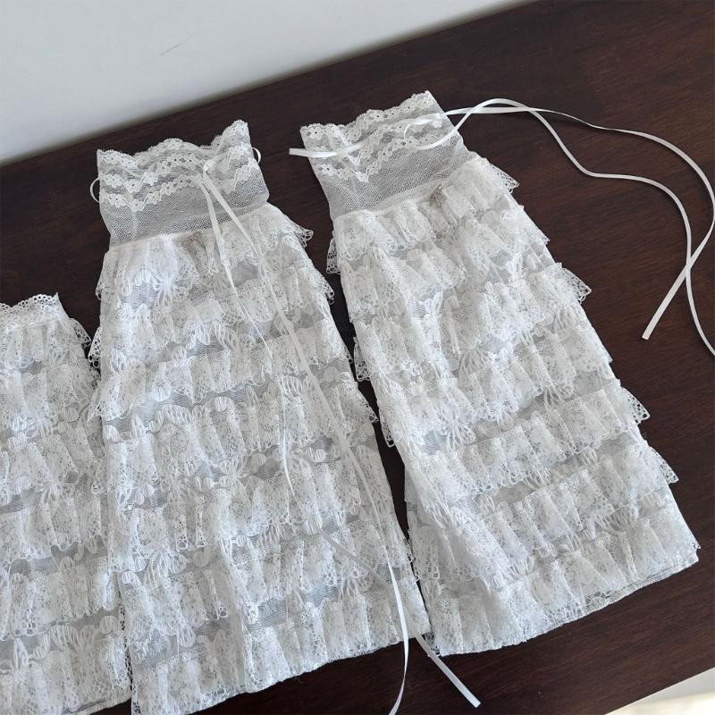 Aesthetic Elegant Tiered Ruffle Lace Leg Warmers for Women Mesh Leg Sleeves Covers Footless Socks with Ribbon Bowknot