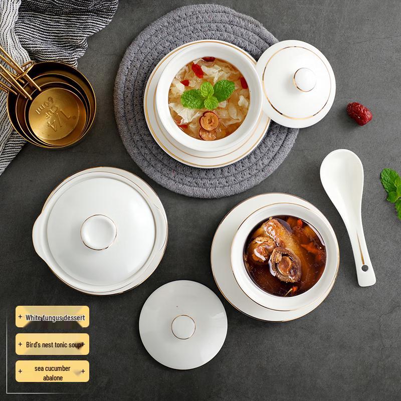 Meiliya Ceramic Double Boiler Stew Pot with Gold Rim