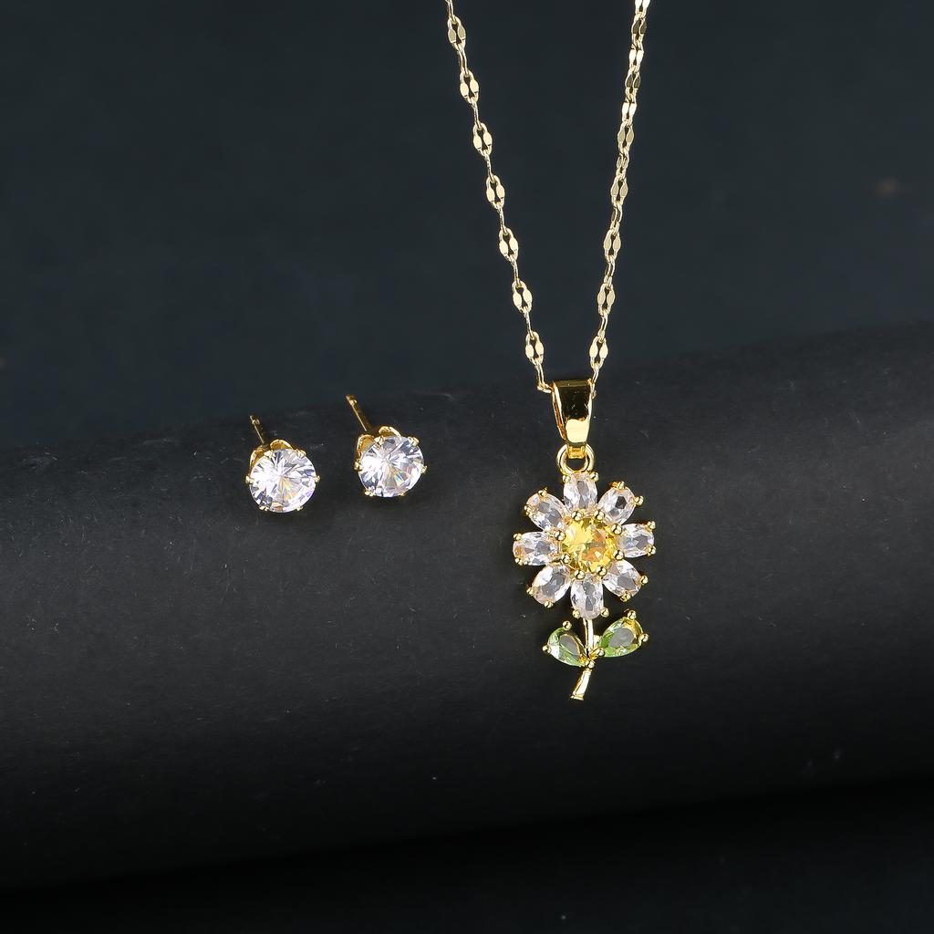 2pcs Sparkling Crystals Botanical Sunflower Necklace Earrings Zircon Set for Woman New Fashion Casual Party Zircon GirlGift