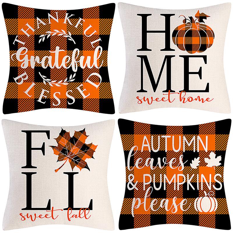New Orange Plaid Pumpkin Maple Leaf Linen Pillowcase Autumn Harvest Sofa Cushion Cover Combination