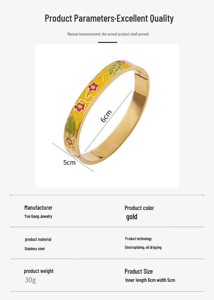 European and American Bestseller: 18K Gold Plated Titanium Steel Enamel Bracelet - Women’s Colorful Drip Oil Light Luxury Jewelry.