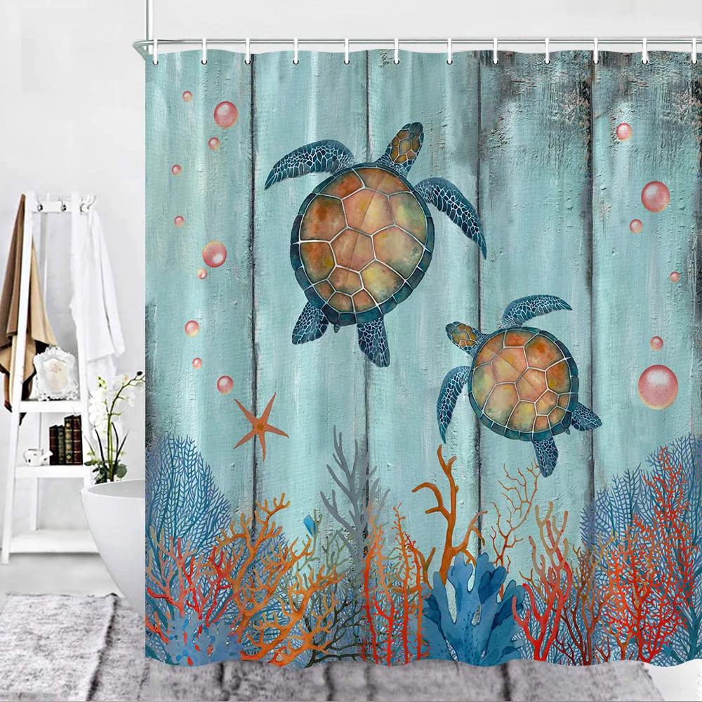 Sea Turtle Theme Shower Curtain Set Wooden Board Coral Water Plants Bubble Sea Life Bathroom Curtain Fabric Decor Washable Hooks