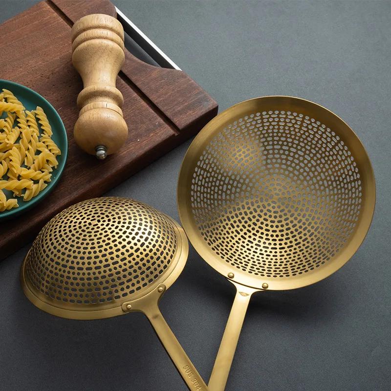 1PCS 304 Stainless Steel Large Colander with Green handle Frying Oil Leaking Hot Pot Noodle Mesh Drain Scoop Kitchen Tools