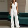 Women Elegant Turn Down Collar Casual Sleeveless Long Jumpsuits