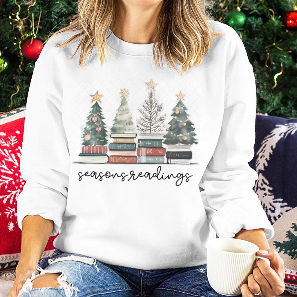 Weihnachtszeit Damenbekleidung Sales Weihnachtsbaum Buchsaison Lesen Grafik-Sweatshirts Weihnachten Feiertag Damenpullover