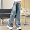 Spring and Autumn Girls' Jeans Teens School Children Trousers Star Design Casual Loose Jeans for Girl Elastic Waist Kids Straight Pants