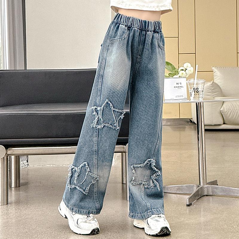 Spring Autumn Children Trousers  Girls' Jeans Teens School Star Design Casual Loose Jeans for Girl Elastic Waist Kids Straight Pants