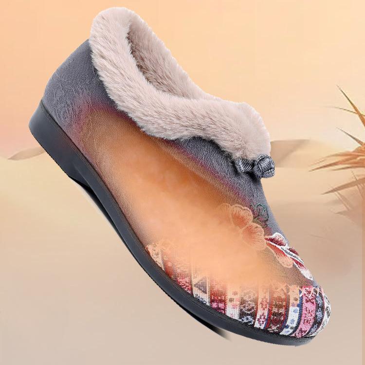 Women's Chinese Style Embroidered Winter Warm Slip On Shoes Vintage Ethnic Style Fleece Lined Flat Non Slip Mom Shoes