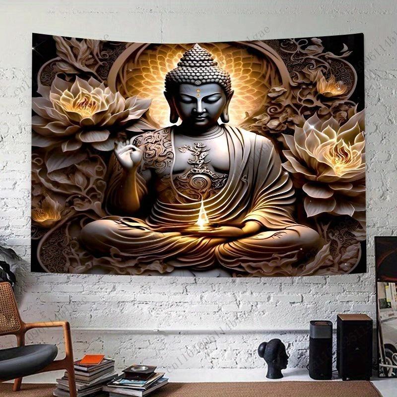 Serene Buddha Statue In Meditation Pose Wall Tapestry Eastern Inspired Art Add a Touch of Zen To Your Space Printed Tapestry