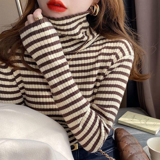 Striped High-Neck Women's Sweater - Autumn/Winter 2025 Slim-Fit Knitted Top, Gentle Style