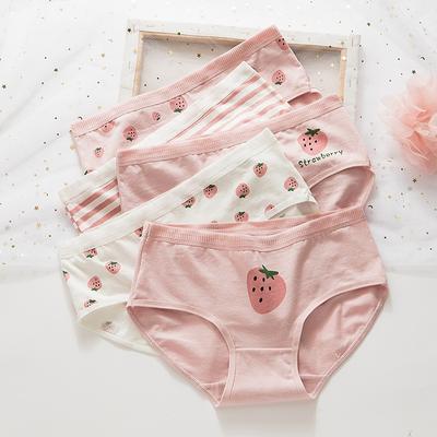 New 3Pcs/Set of Pink Strawberry Cotton Underwear Female Mid-waist Cute Girl Student Pants Breathable Triangle Shorts