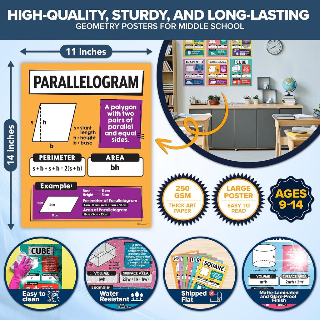 Decorably 14 Geometry Math Posters for Middle School, 11x14in Educational, Matte-Laminated Classroom Decor - for Hallways, Bulletin Boards, Home