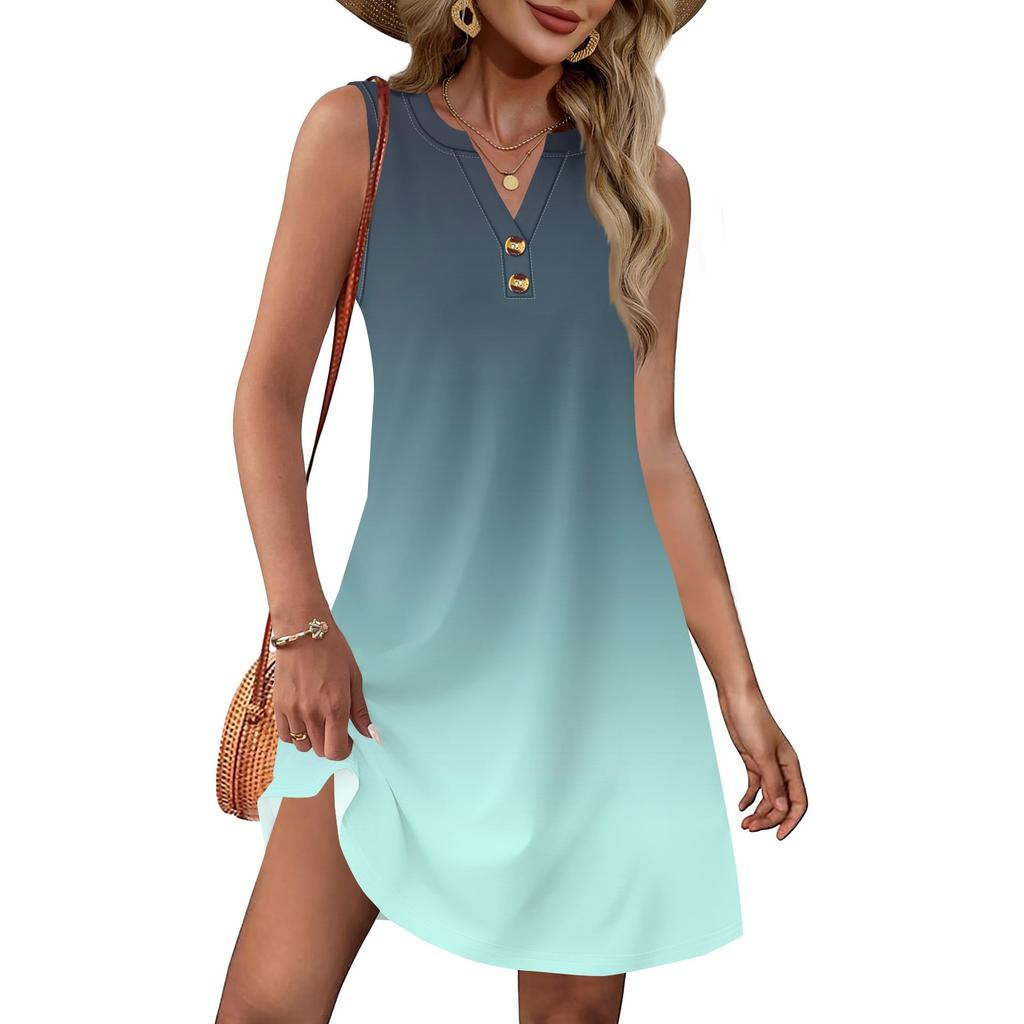 Ladies' Fashionable Gradient Print V-neck Button-down Pocket Vest Dress Beach Vacation Summer Dress