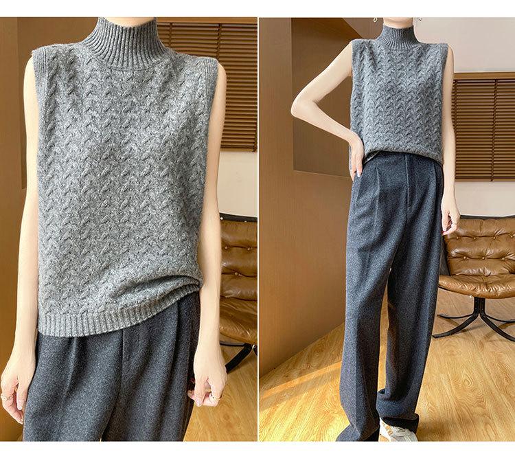 Women's 100% Pure Wool Half-Turtleneck Cable-Knit Sleeveless Sweater Vest for Autumn/Winter