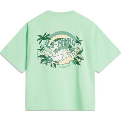 Li Ning Sports Trend Series Printed Letter Round Neck Comfortable Breathable Loose Short Sleeve T-Shirt Women T-Shirts Cool-Green AHSU360-3