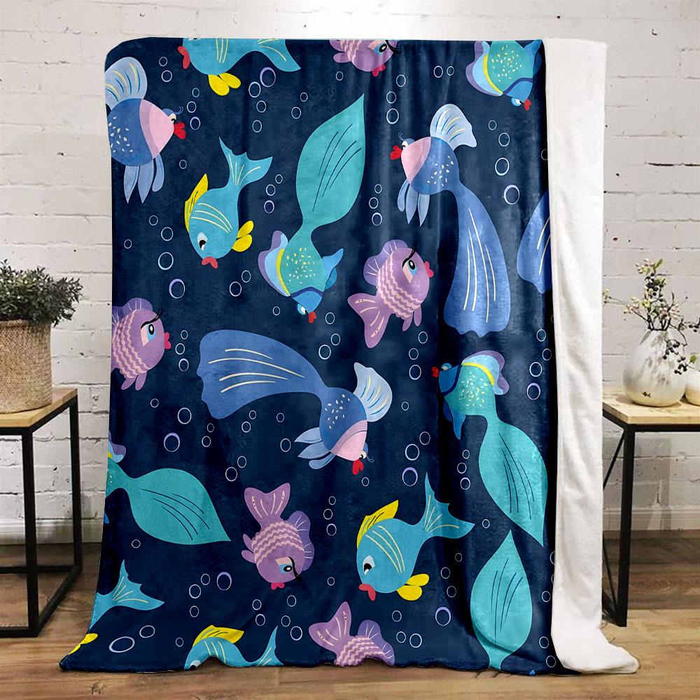 Colorful Fish Pattern on Blue Background Patterned flannel blanket perfect for the bedroom living room, sofa, or a little nap