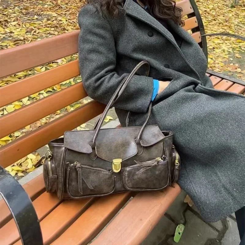 Yogodlns Vintage Unterarmtasche für Mädchen Vielseitige Handtasche Mehrfachtasche Motorradtasche Luxus Designer Handtasche Spaghetti-Träger Ledertasche