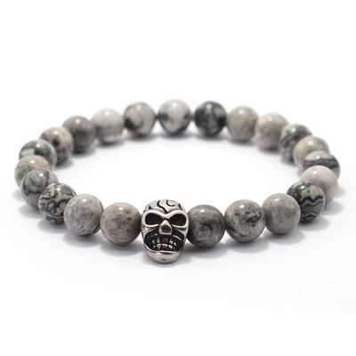 8mm Titanium Steel Silver Skull Beaded Bracelet Men Women Natural Tiger Eye Volcanic Stone Charm Brazelet Pulseras