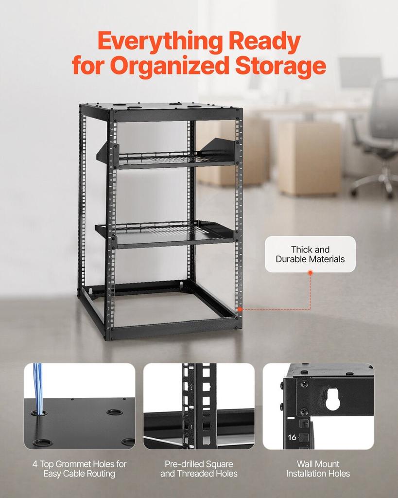 16U Open Frame Network Rack, 585 mm Depth, Wall Mounted or Floor Standing Server Rack, Heavy Duty 4 Post, with Vented Shelves & Mounting Hardware,