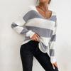 YYFS Modne damskie swetry z nadrukiem w paski, jesienno-zimowe, z długim rękawem i dekoltem w szpic