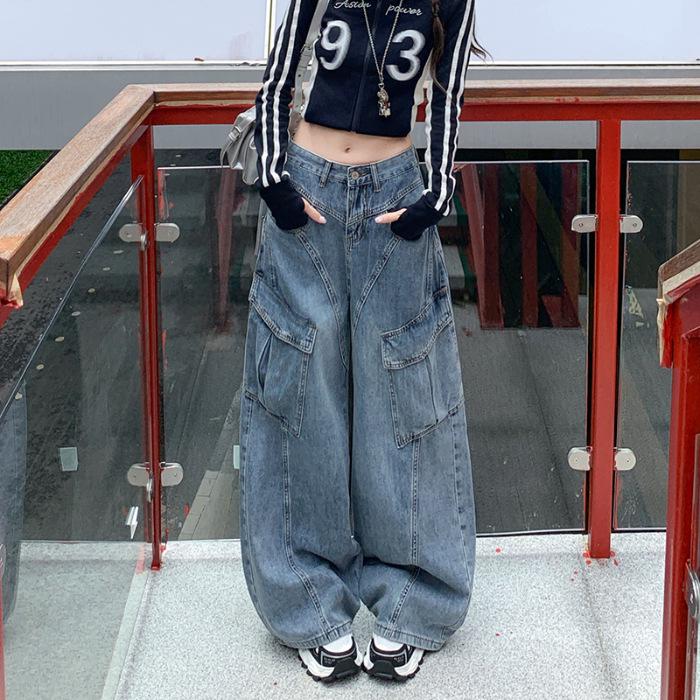2025 High-Waisted Retro Wide-Leg Cargo Jeans with Multi-Pocket Patchwork L