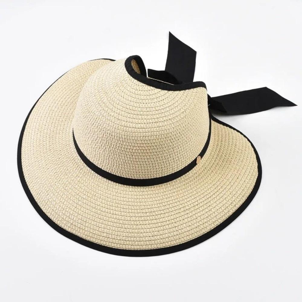 Large Brim Summer Straw Hat Bowknot Design Wide Brim Hat Elegant Empty Top Sun Hat for Women