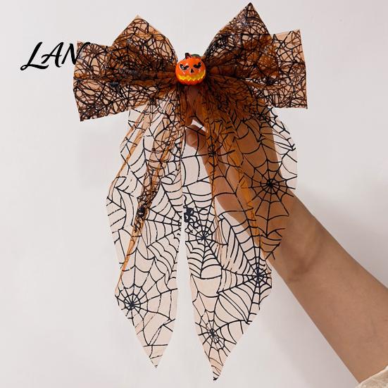 Lightweight Hair Clip Halloween Spider Web Bow Clip, Pumpkin Eyeball Tulle with Long Tails, Women Accessories for Holiday Party