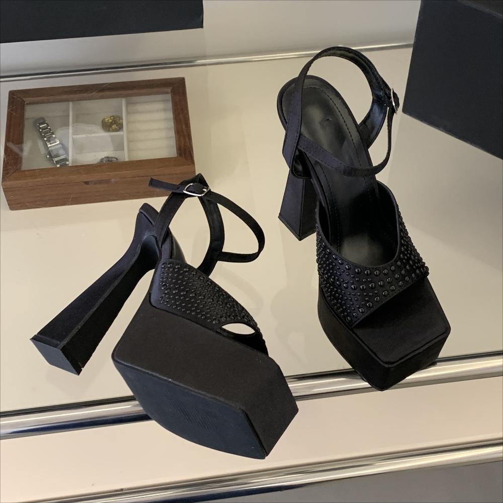 Pesstwei Sexy Platform Ultra High Heels Sandals Women Thick Heels Pearl Exposed Toes Buckle Strap Banquet Party Ladies Shoes