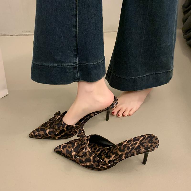 Fashion 2025 New High Quality Women Shoes Bow Knot Leopard Print High Heel Slippers Women Slippers Sandals