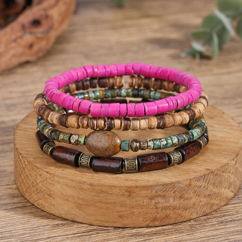 European and American ethnic stacked beaded elastic bracelets personalized Maillard retro wooden beads coconut shell natural stone jewelry