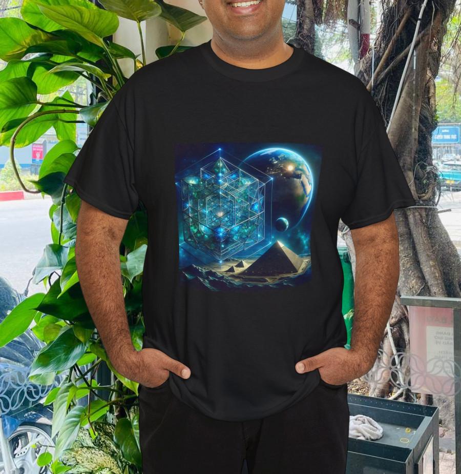 

Metatron s Cube Fourth Dimension with Earth and Pyramids T-Shirt 3XL