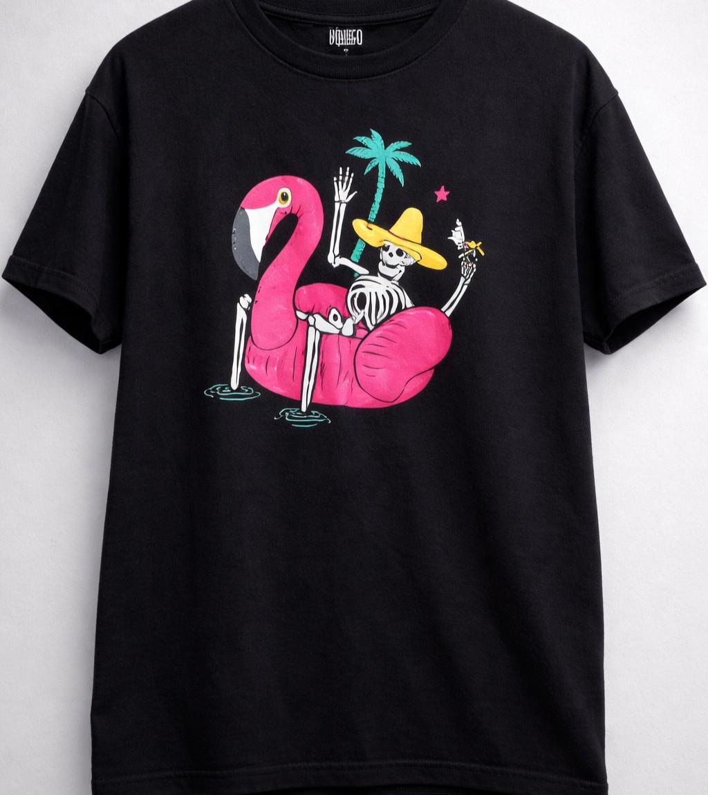 Skeleton Flamingo Graphic T Mens L Black Funny Vacation Beach Tee Unisex T-Shirt XXXL