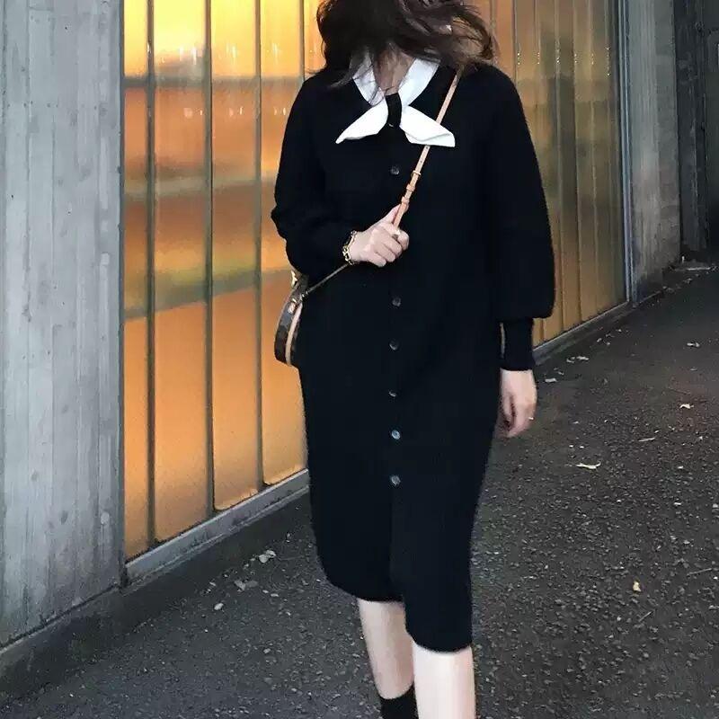 Winter Women's Clothing Knitted Inside Long Dress Black Backing Sweater Dress Autumn and Winter