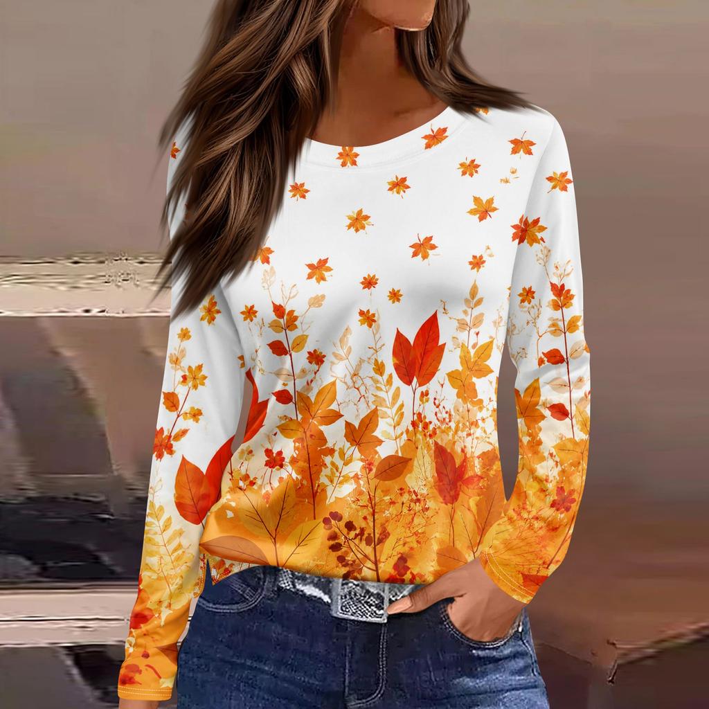 Women's Casual Long Sleeve Maple Leaf Print Round Neck Blouse for Everyday Wear