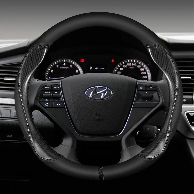For Hyundai I40 I30 I10 Ix35 Ix25 Tucson Accent Elantra Santa Fe Creta Solaris Kona 37-38cm Car Steering Wheel Cover PU Leather